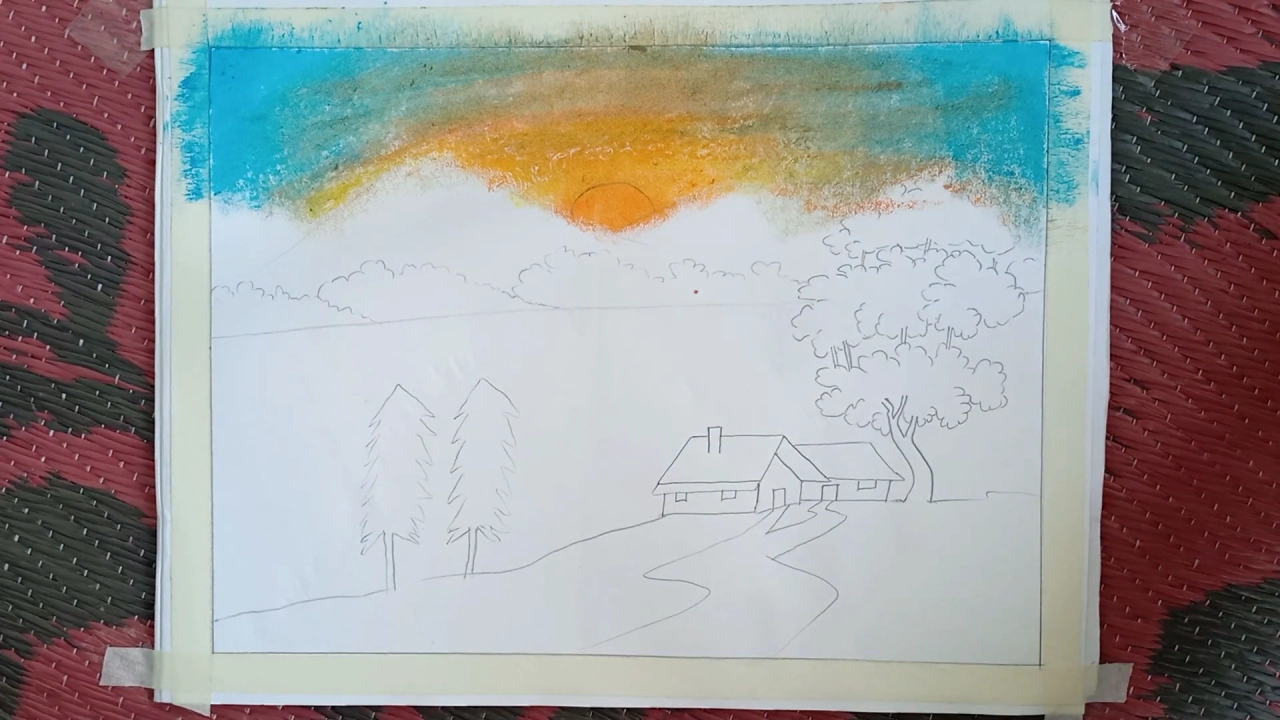 Village Scenery Drawing Step By Step 12