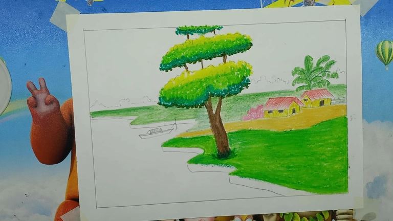 Village Landscape Scenery Drawing with Oil Pastels 19 Village Scenery Drawing Easy Step by Step For Kids/Beginners